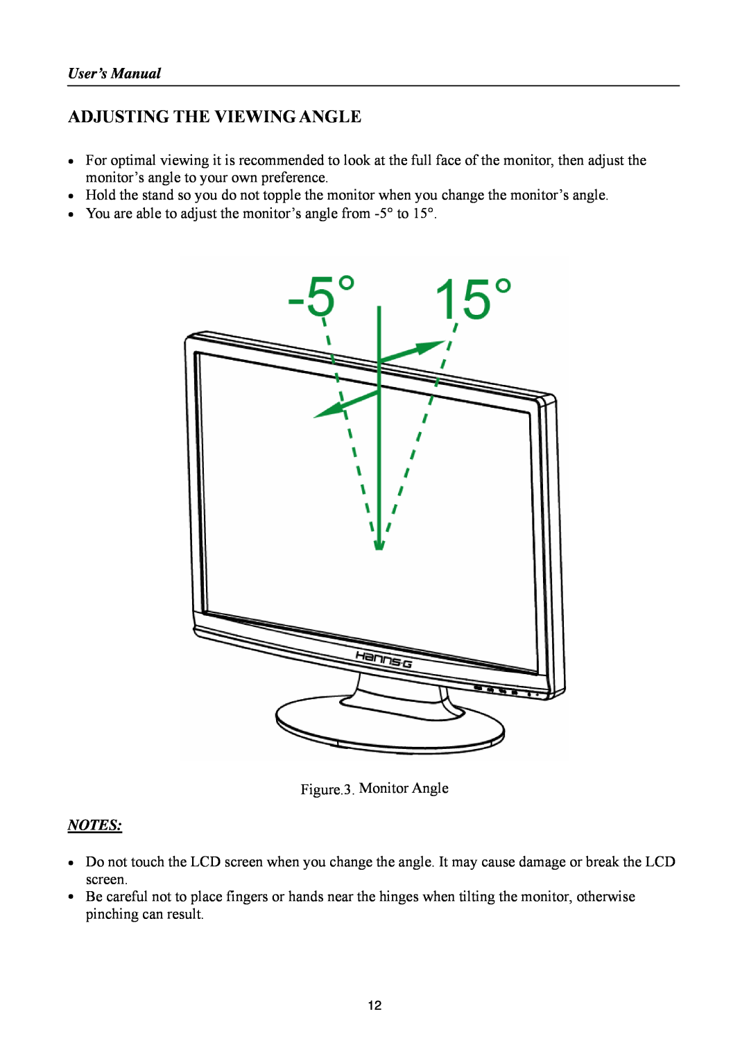 Hanns.G HA191 manual Adjusting The Viewing Angle, User’s Manual 
