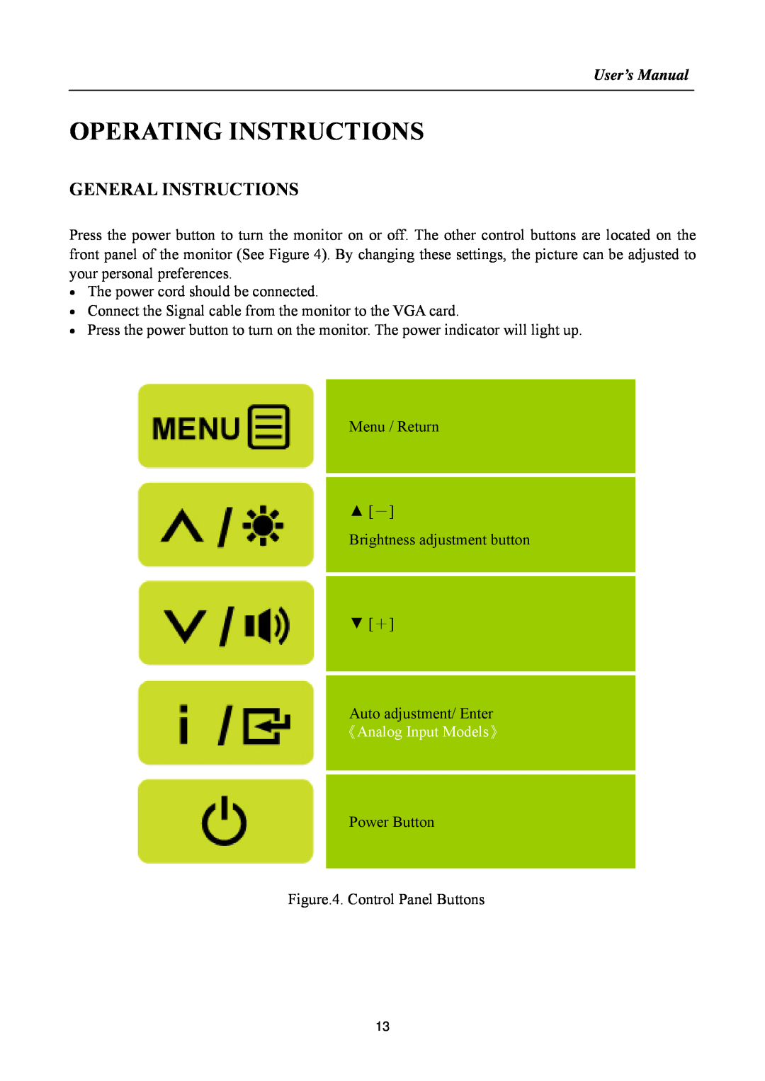 Hanns.G HA191 manual Operating Instructions, General Instructions, User’s Manual 