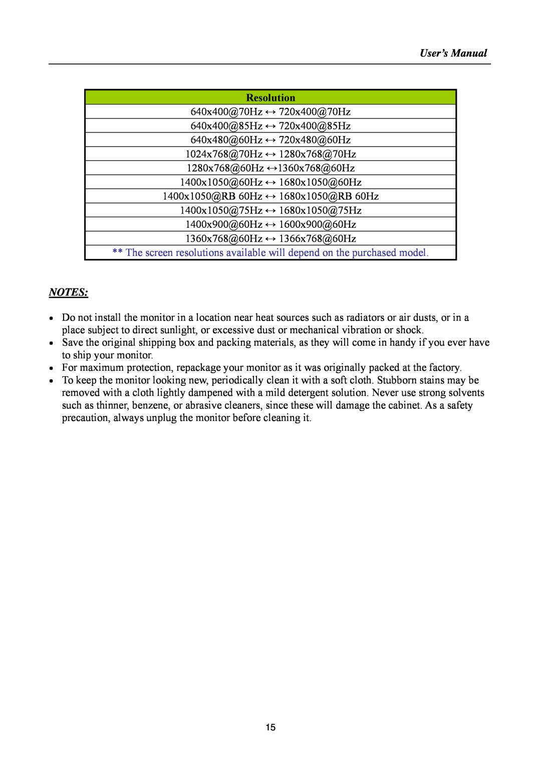 Hanns.G HA191 manual User’s Manual, Resolution, The screen resolutions available will depend on the purchased model 