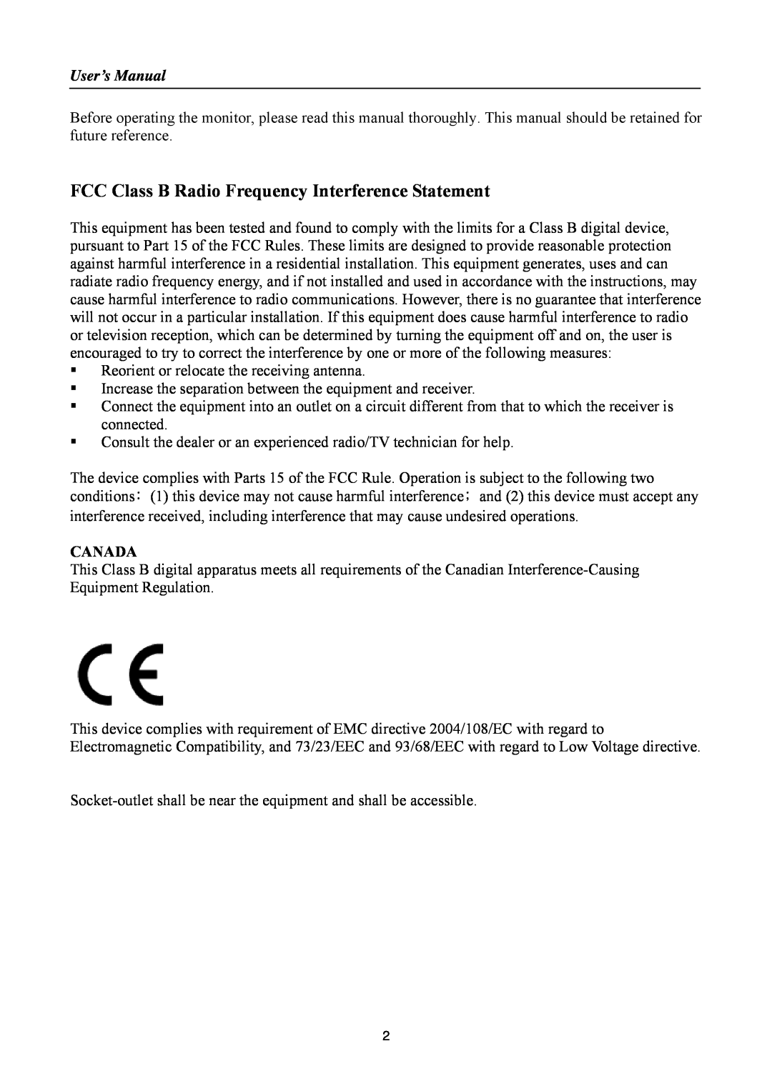 Hanns.G HA191 manual FCC Class B Radio Frequency Interference Statement, User’s Manual, Canada 