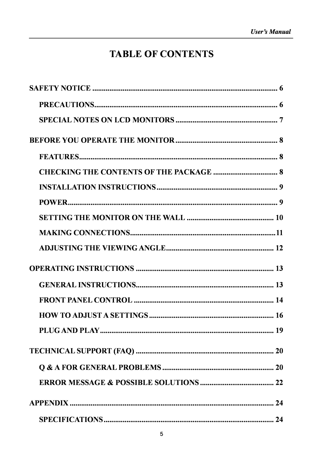 Hanns.G HA191 manual Table Of Contents, Error Message & Possible Solutions 