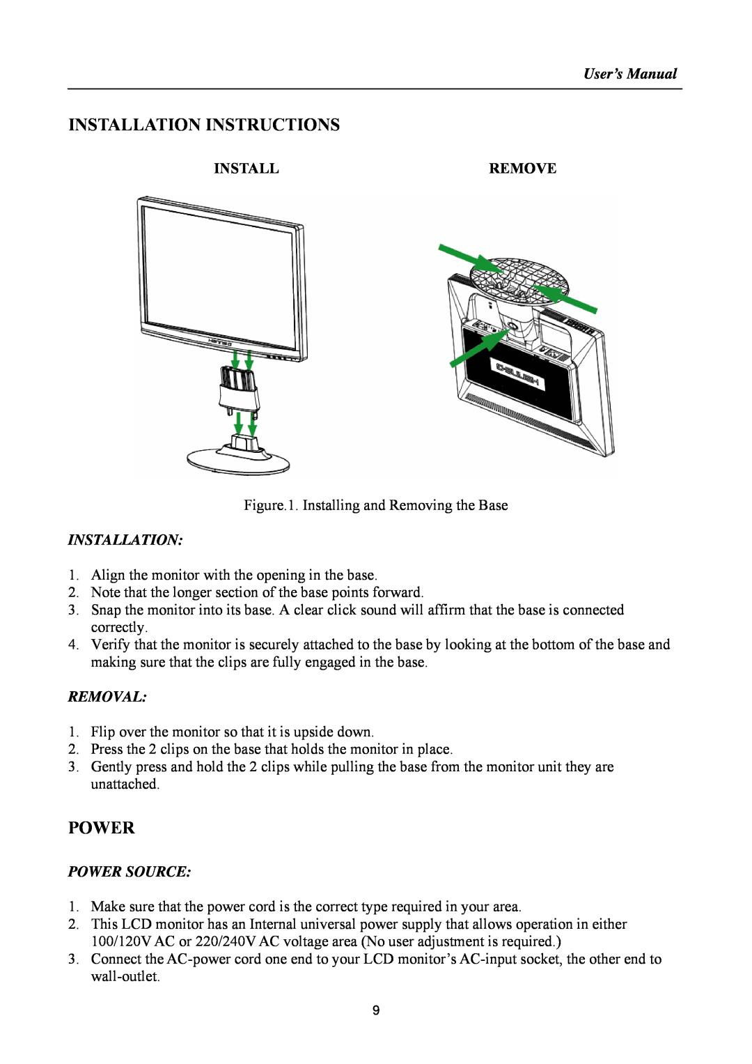 Hanns.G HA191 manual Installation Instructions, User’s Manual, Remove, Removal, Power Source 