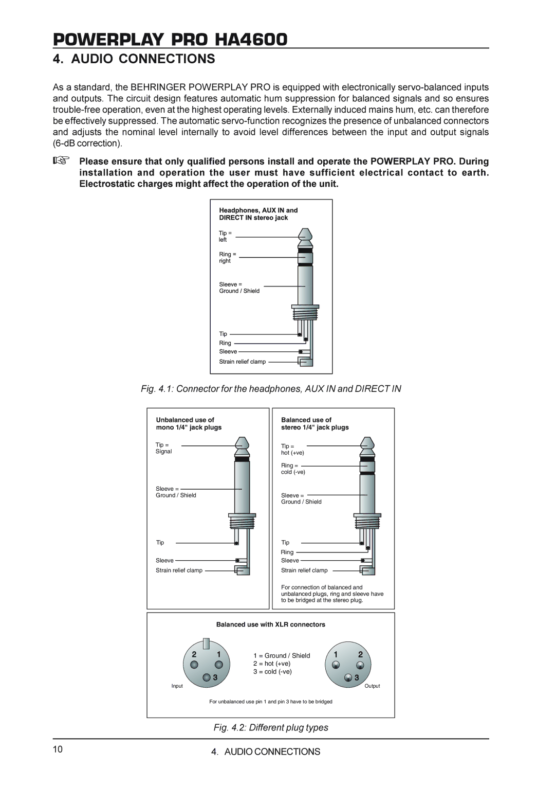 Hanns.G HA4600 manual Audio Connections, Balanced use of stereo 1/4 jack plugs 