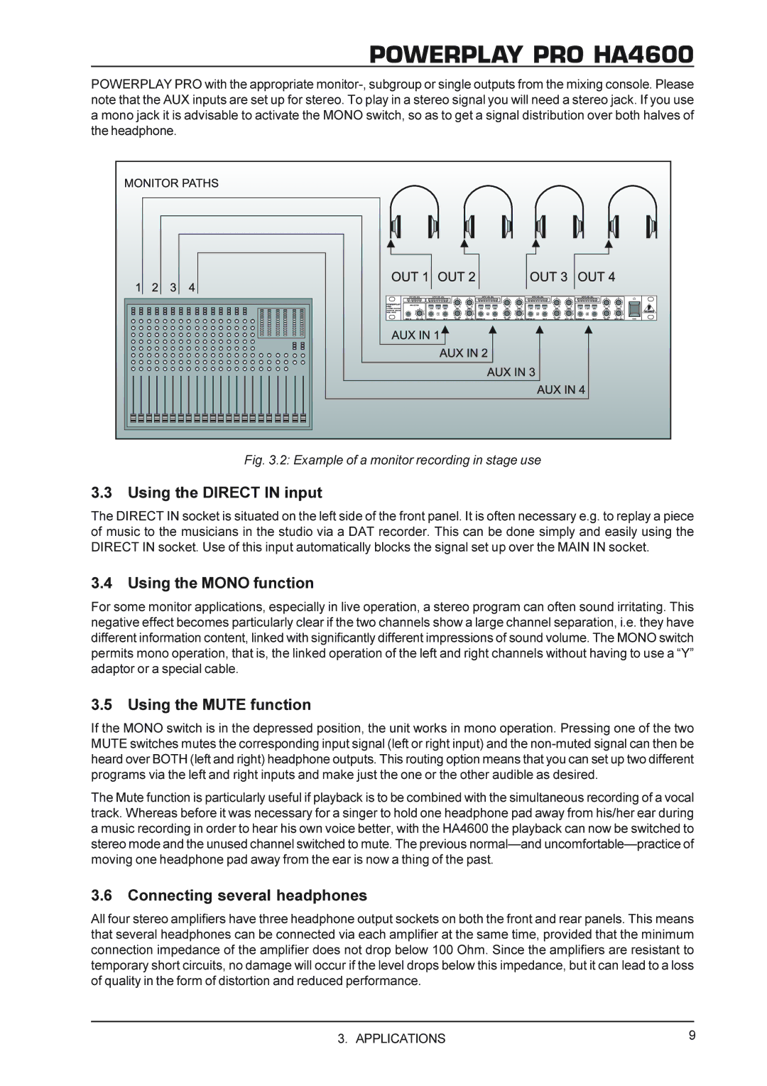 Hanns.G HA4600 Using the Direct in input, Using the Mono function, Using the Mute function, Connecting several headphones 