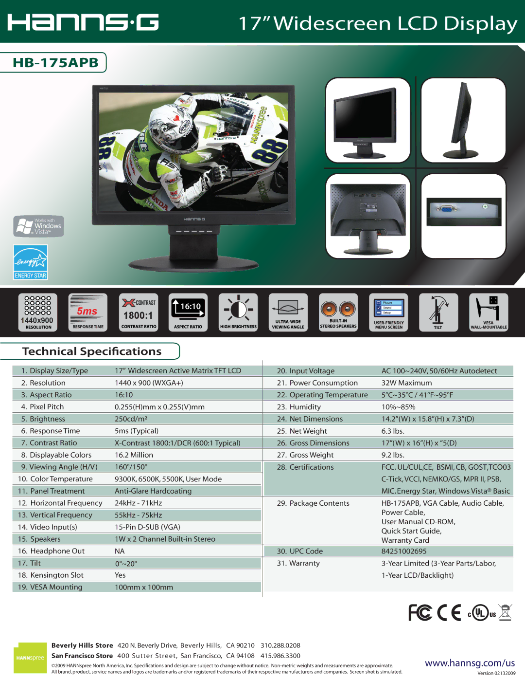 Hanns.G HB-175APB specifications Widescreen LCD Display, 1440x900 5ms 18001, Beverly Hills Store 