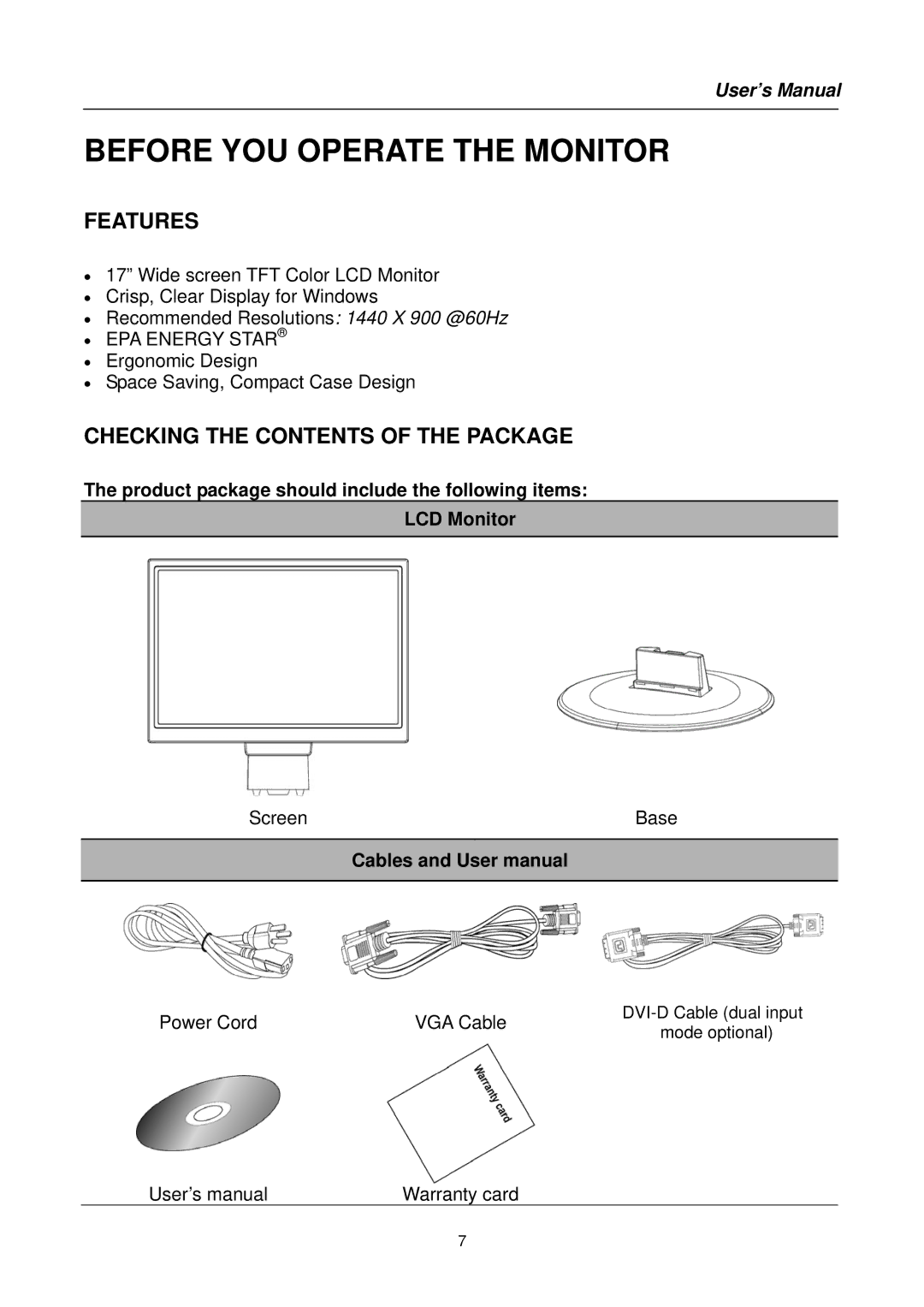 Hanns.G HB171 user manual Before YOU Operate the Monitor, Checking the Contents of the Package 