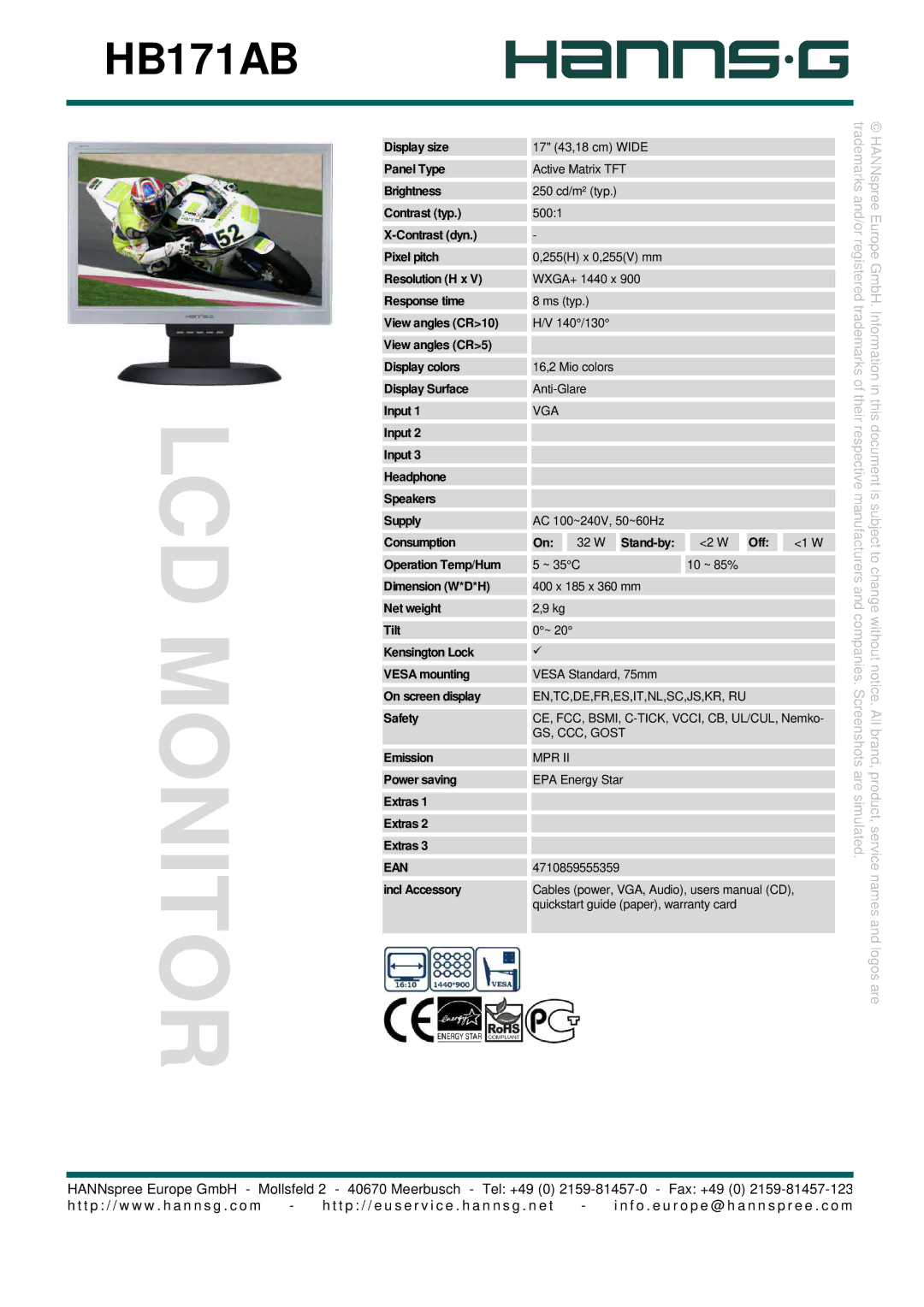 Hanns.G HB171AB user manual LCD Monitor, Are simulated, Names and logos are 