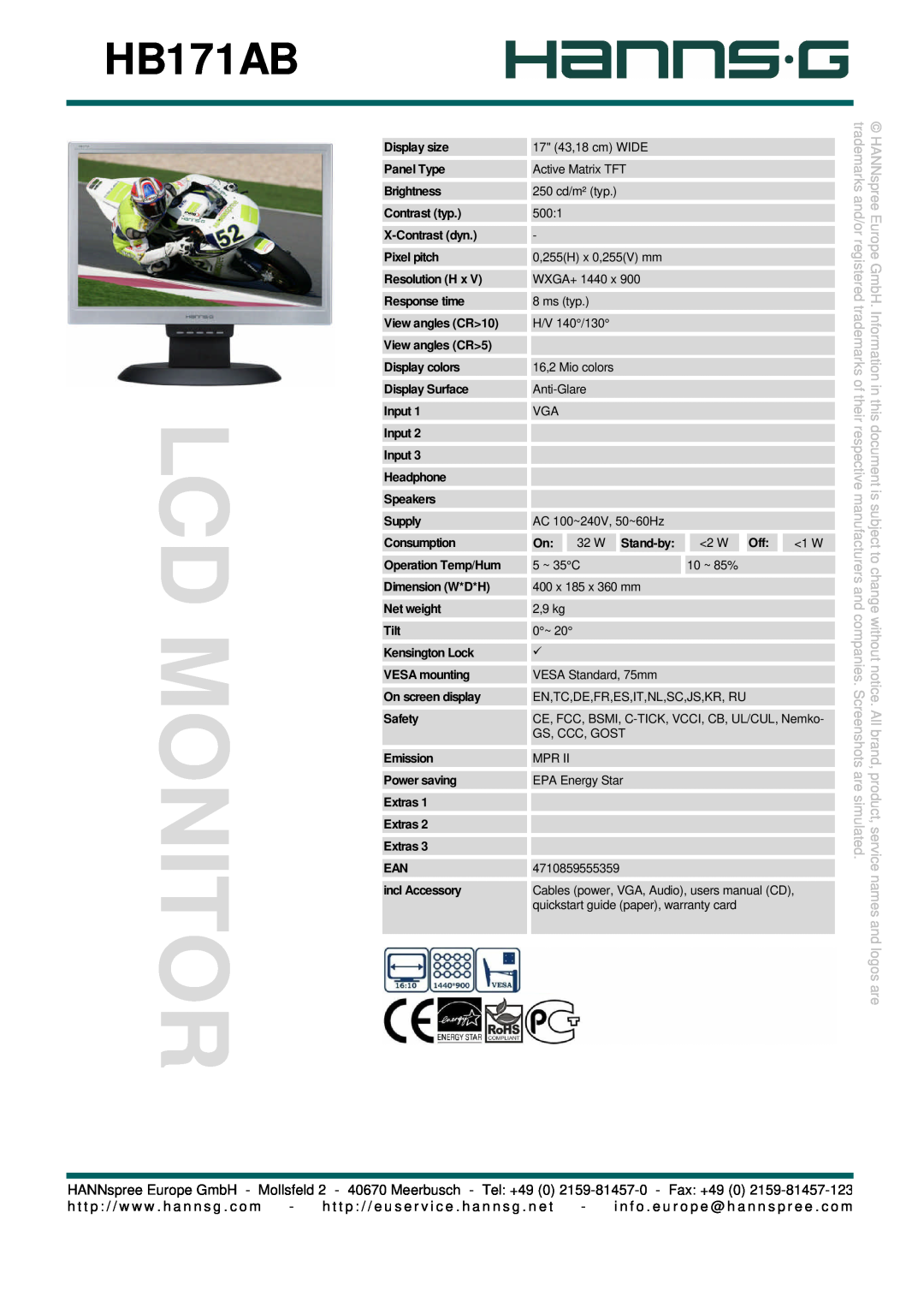 Hanns.G HB171AB user manual Lcd Monitor, are simulated, names and logos are, trademarks and/or registered 