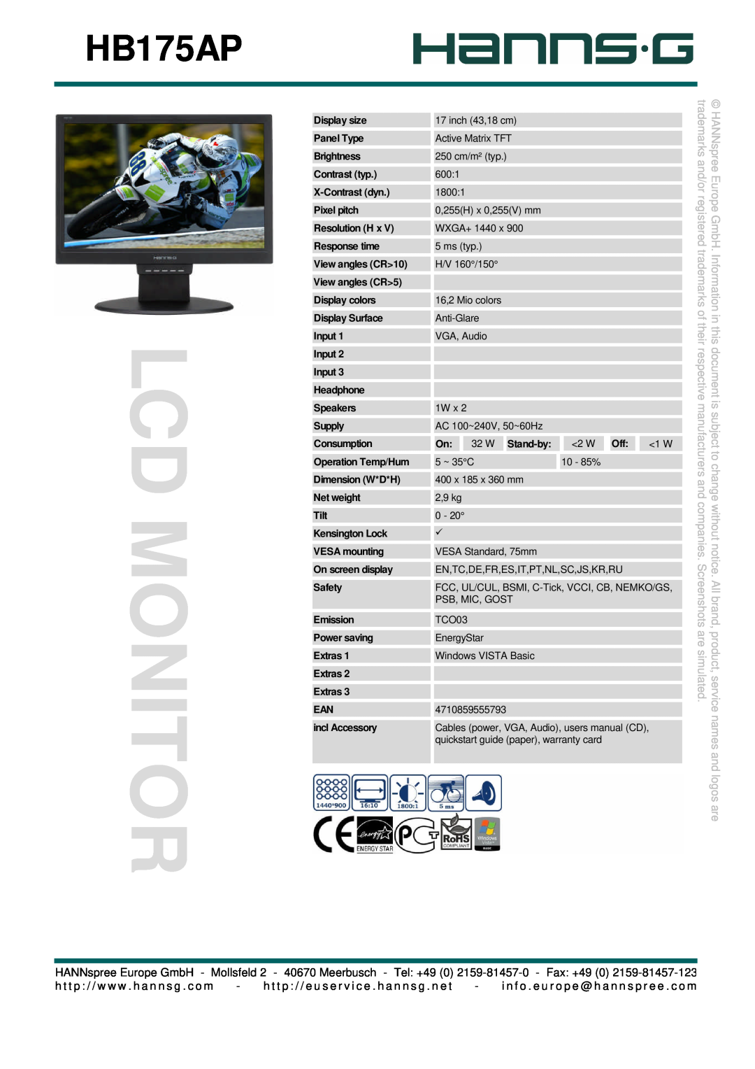 Hanns.G HB175AP user manual Lcd Monitor, are simulated, names and logos are, trademarks and/or registered 