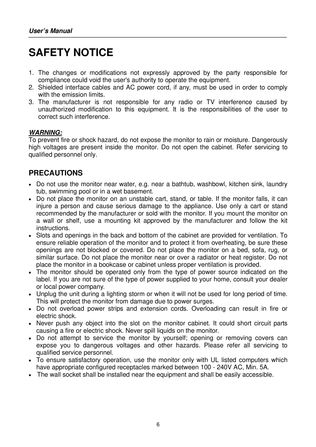 Hanns.G HC19 Series user manual Safety Notice, Precautions 