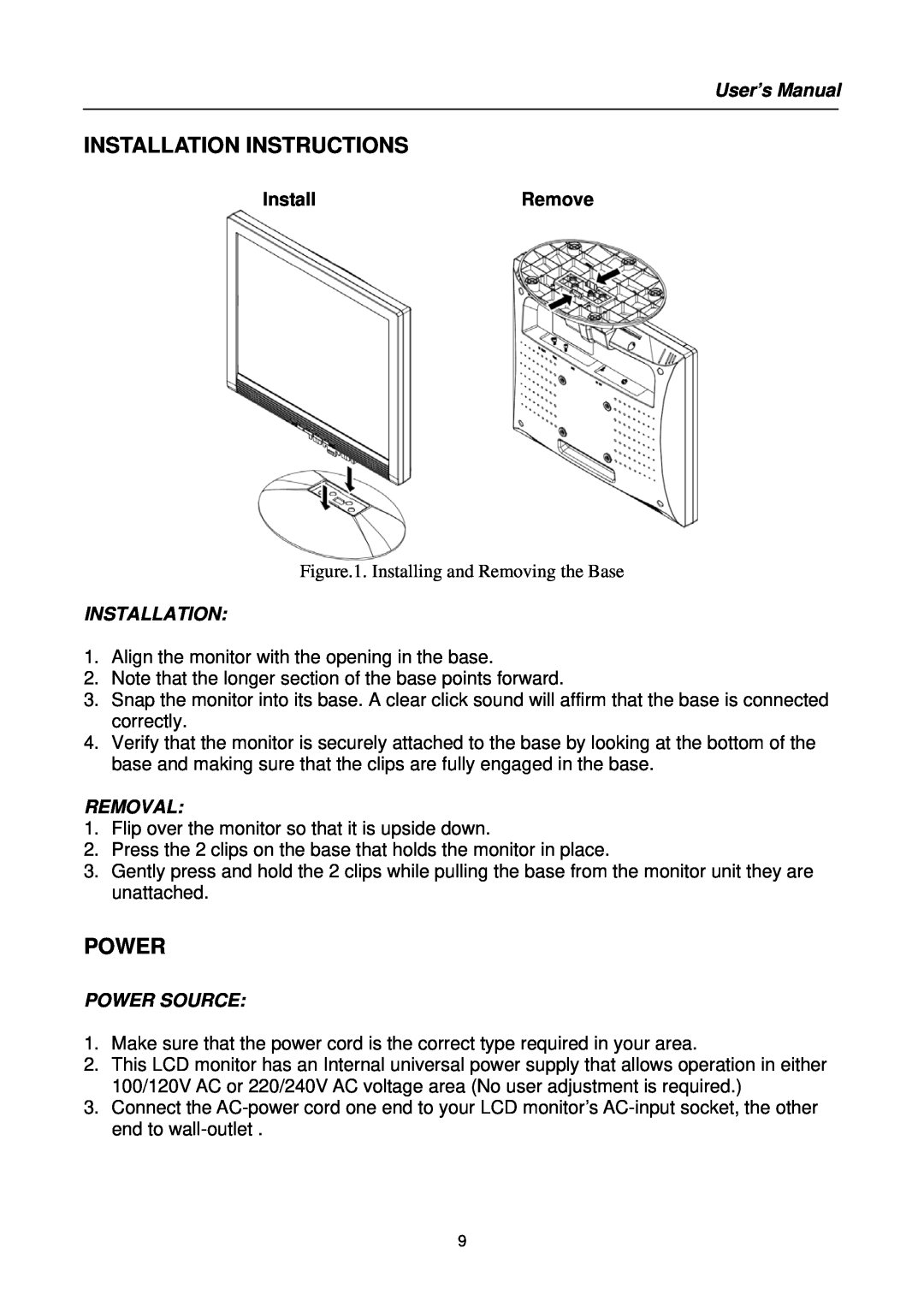 Hanns.G HC19 Series user manual Installation Instructions, Removal, Power Source, User’s Manual 