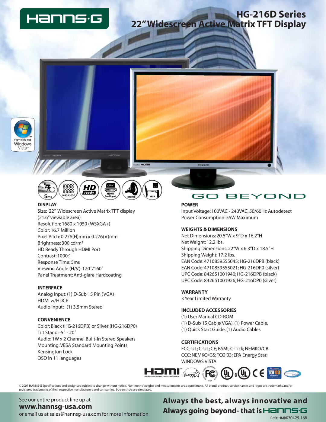 Hanns.G HG-216DP0, HG-216DPB specifications HG-216D Series, 22Widescreen Active Matrix TFT Display 