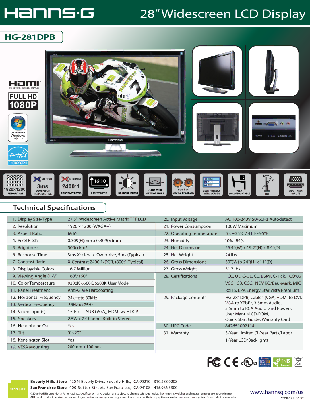 Hanns.G HG-281DPB specifications Widescreen LCD Display, Technical Specications, 1920x1200 3ms, Beverly Hills Store 