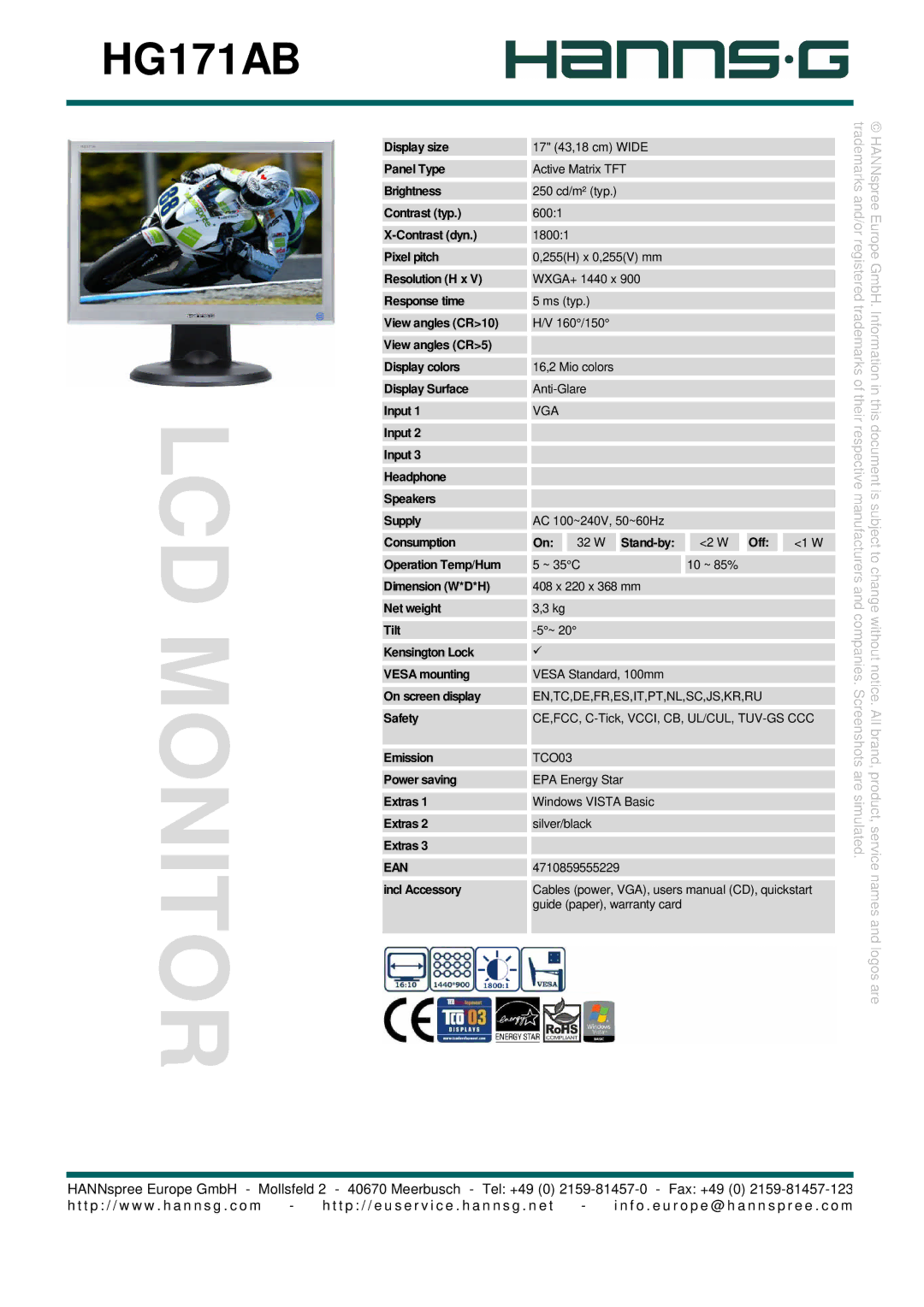 Hanns.G HG171AB user manual LCD Monitor, Are simulated, Names and logos are 