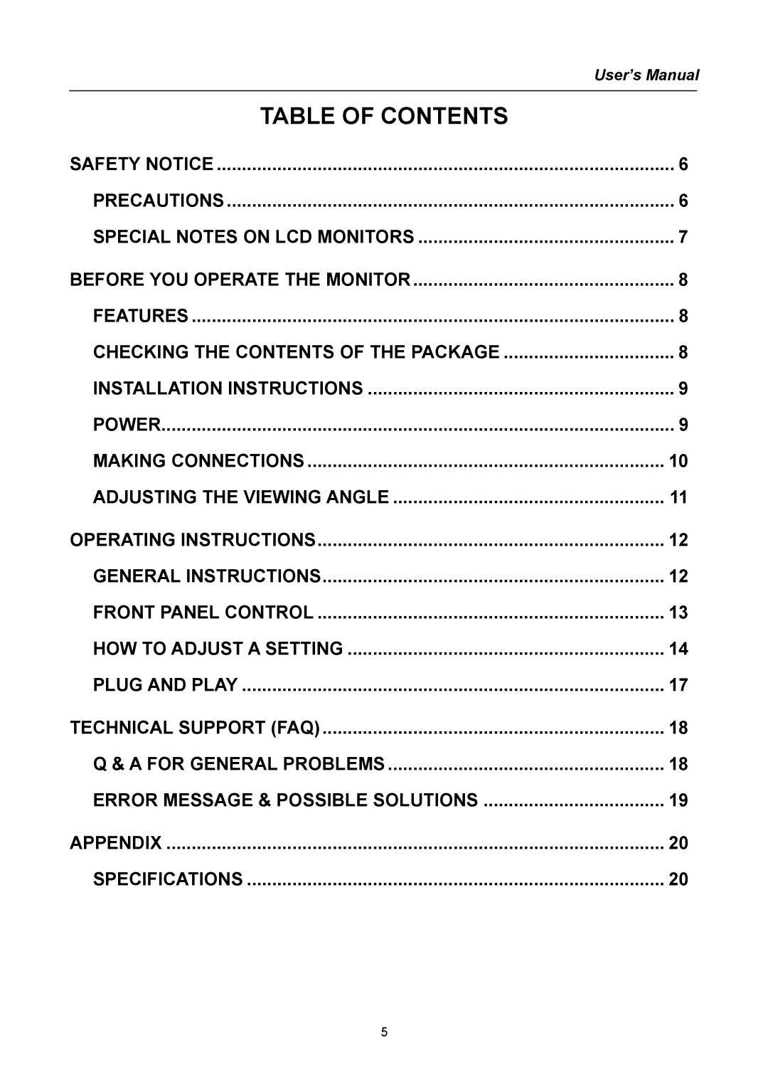 Hanns.G HG191 user manual Table of Contents 