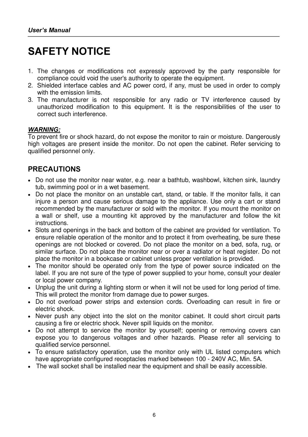 Hanns.G HG191 user manual Safety Notice, Precautions 