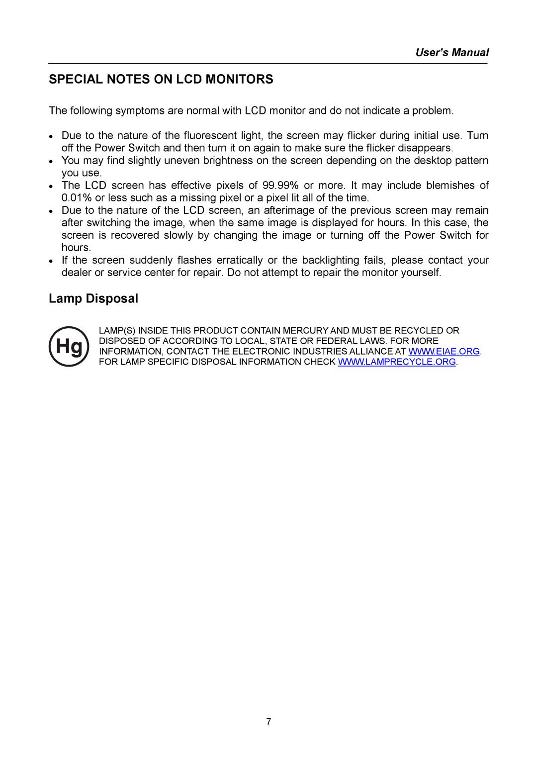 Hanns.G HG191 user manual Special Notes on LCD Monitors 