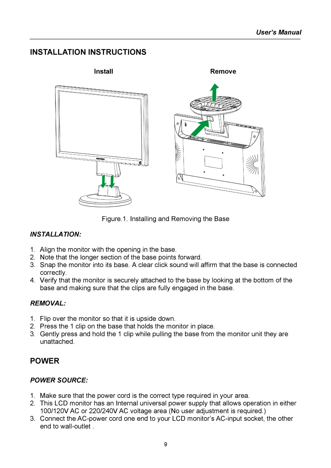 Hanns.G HG191 user manual Installation Instructions, Power 