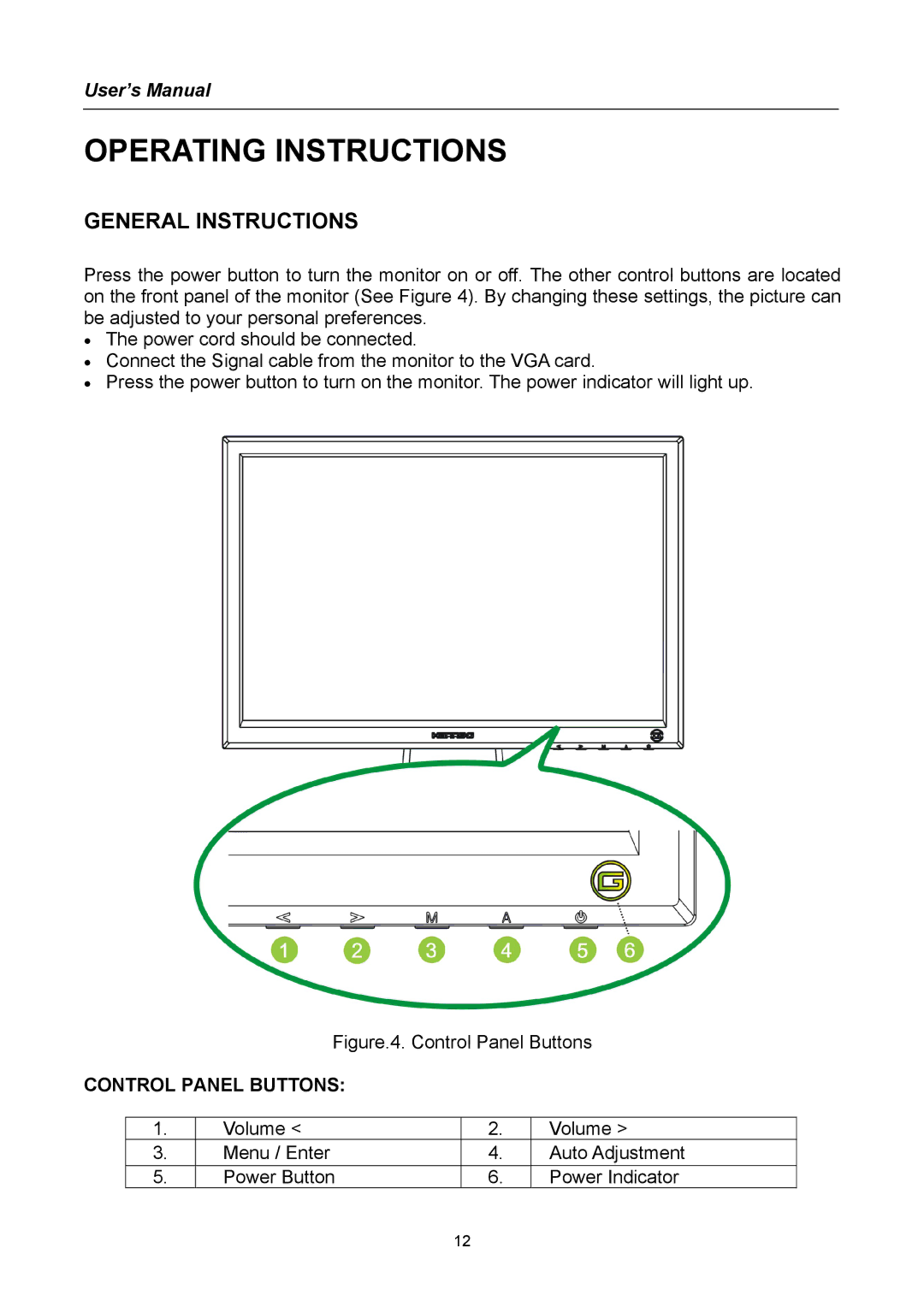 Hanns.G HG191 user manual Operating Instructions, General Instructions, Control Panel Buttons 