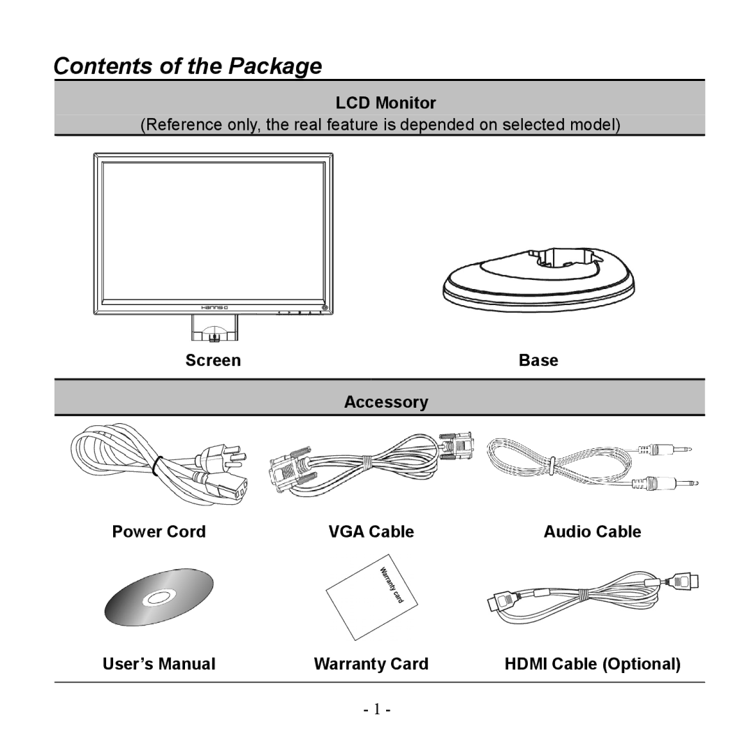 Hanns.G HG216DPO user manual Contents of the Package 