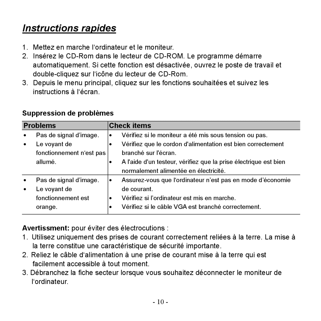 Hanns.G HG216DPO user manual Instructions rapides, Suppression de problèmes Problems Check items 