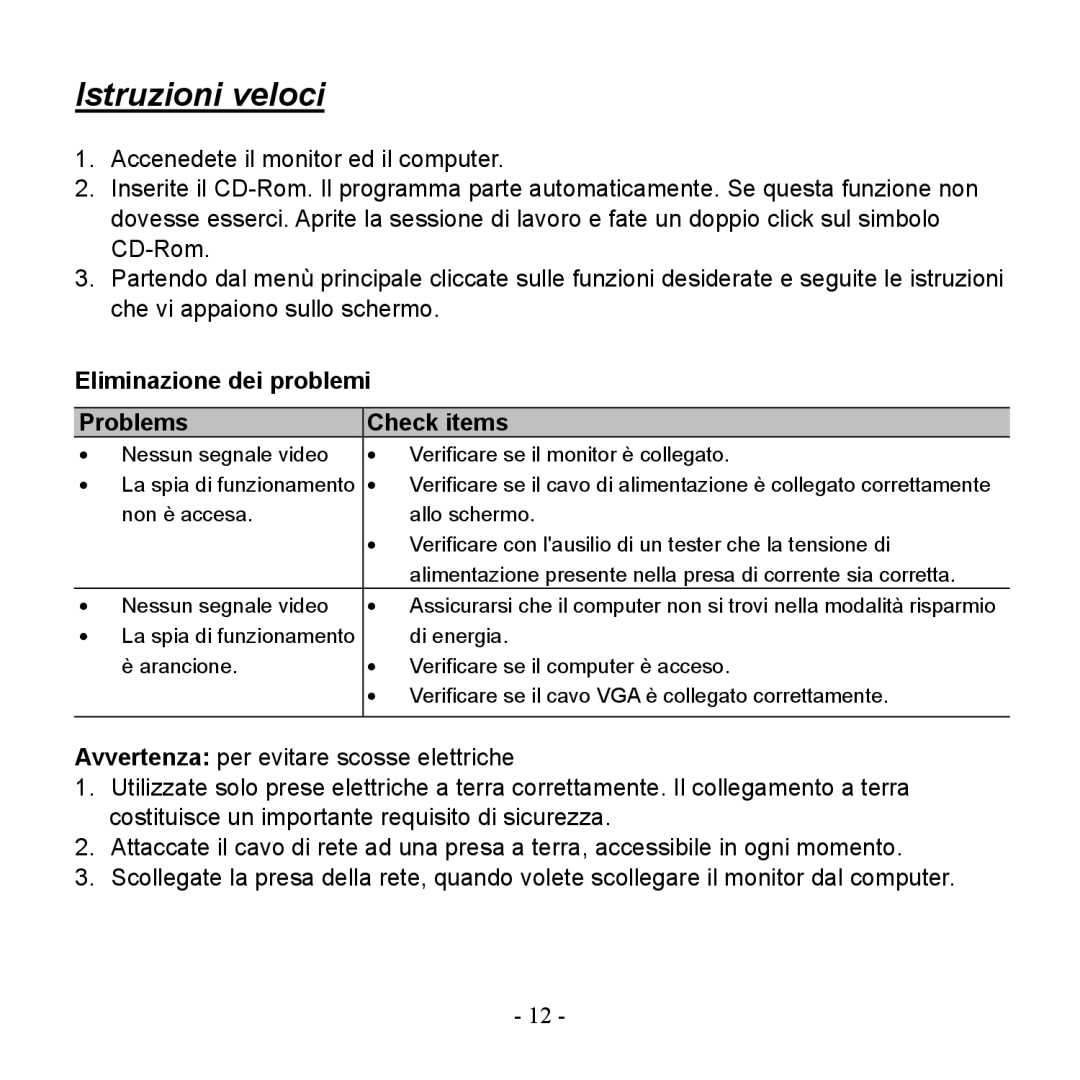 Hanns.G HG216DPO user manual Istruzioni veloci, Eliminazione dei problemi Problems Check items 