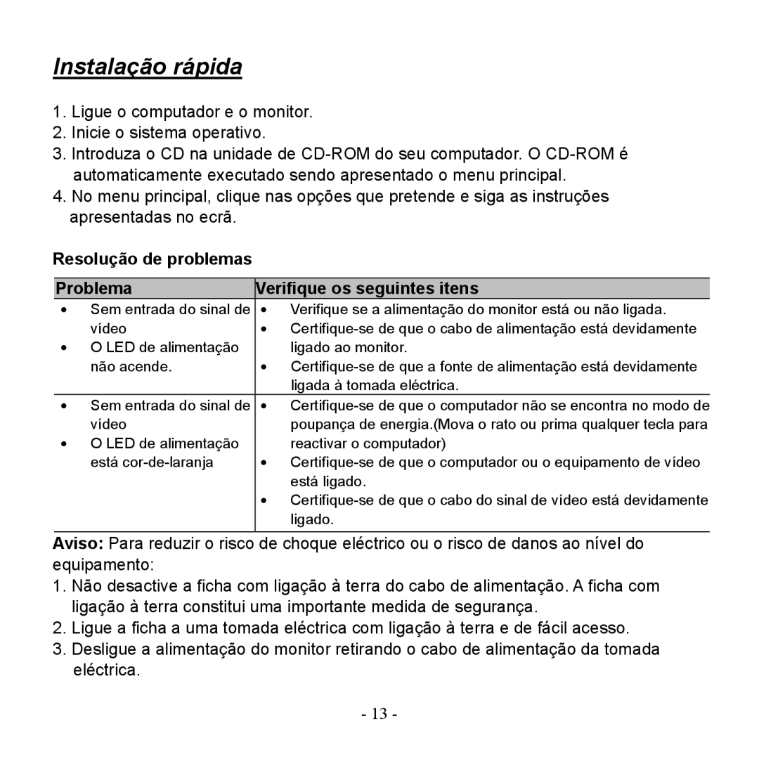 Hanns.G HG216DPO user manual Instalação rápida, Problema, Verifique os seguintes itens 