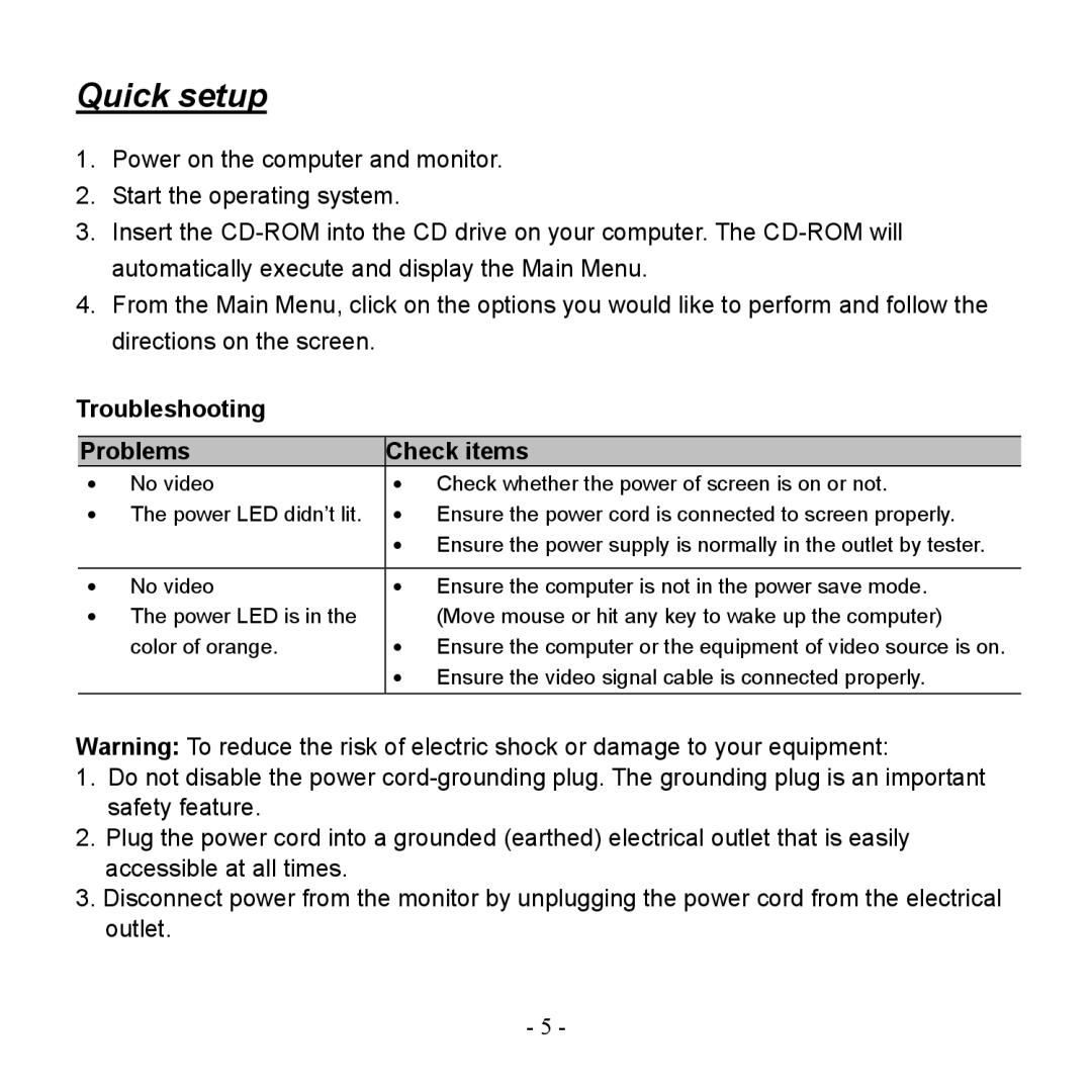 Hanns.G HG216DPO user manual Quick setup, Troubleshooting Problems Check items 