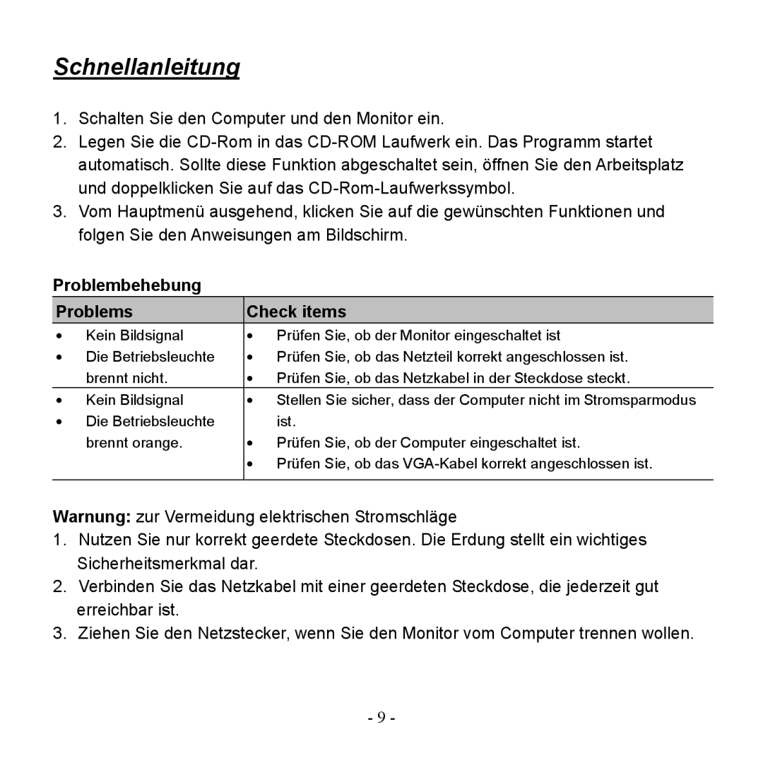 Hanns.G HG216DPO user manual Schnellanleitung, Problembehebung Problems 