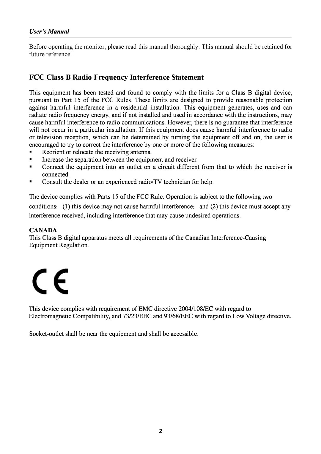 Hanns.G HG221A, HSG1061 manual FCC Class B Radio Frequency Interference Statement, User’s Manual, Canada 
