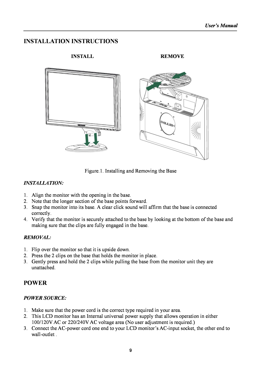 Hanns.G HSG1061, HG221A manual Installation Instructions, User’s Manual, Installremove, Removal, Power Source 