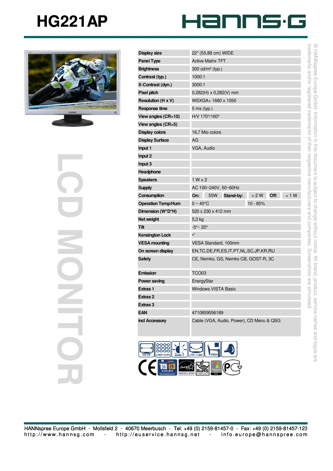 Hanns.G HG221AP manual Lcd Monitor, are simulated, names and logos are, trademarks and/or registered, trademarks of their 