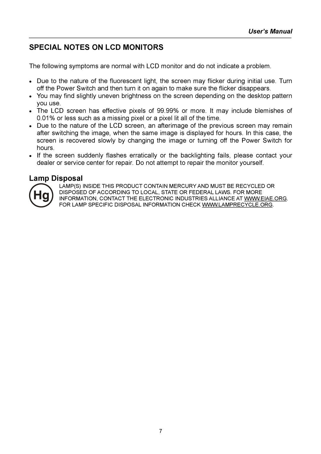 Hanns.G HG281 user manual Special Notes on LCD Monitors 