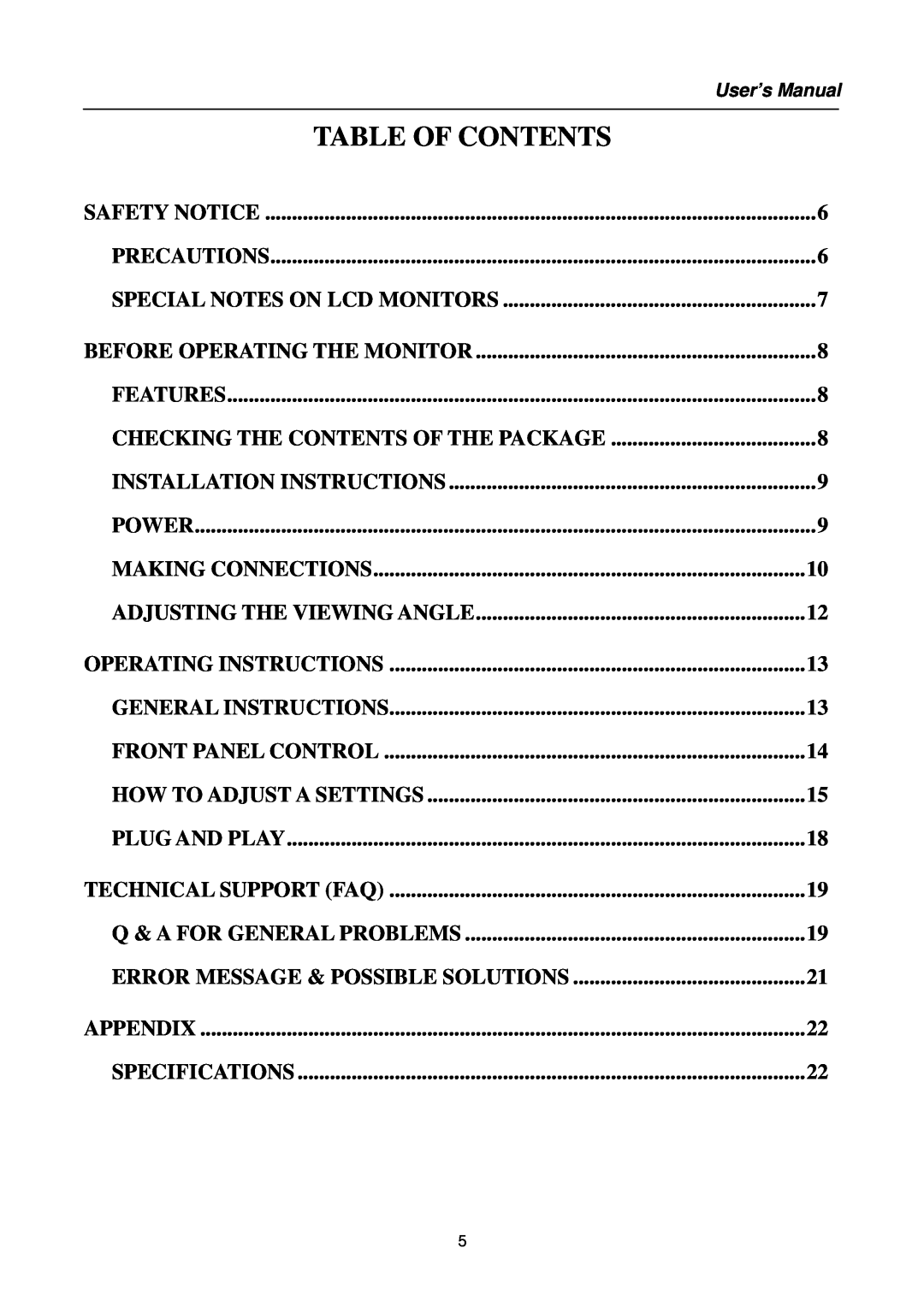 Hanns.G HG281 manual Table Of Contents, Making Connections, Operating Instructions, General Instructions, Appendix 