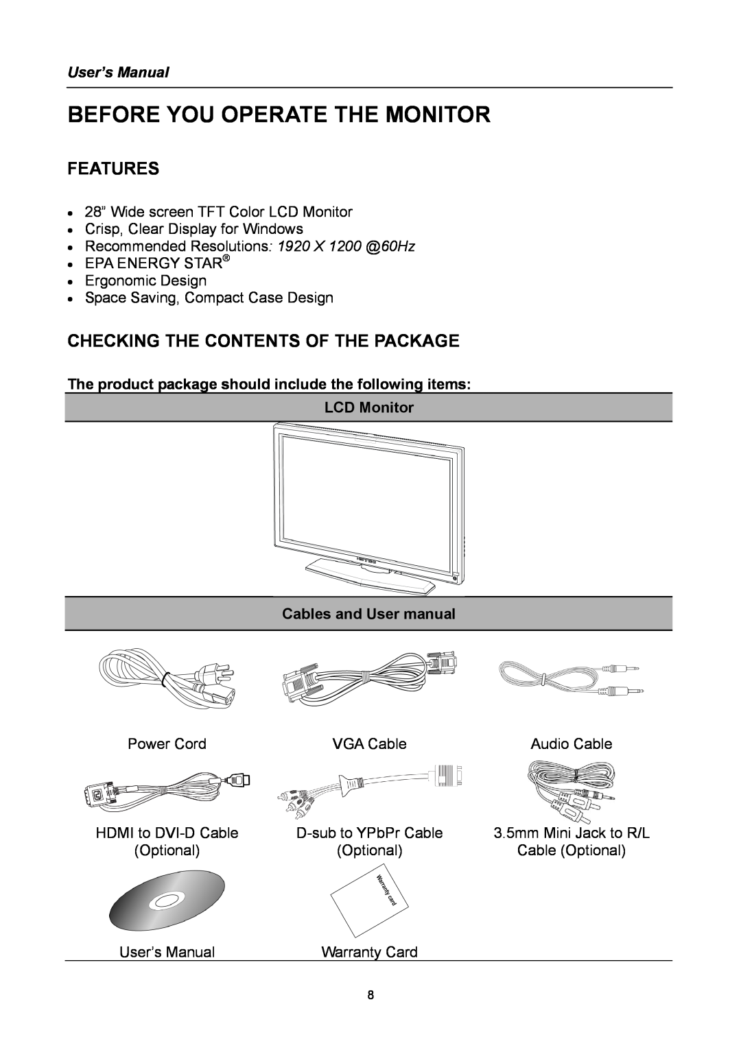 Hanns.G HG281 user manual Before You Operate The Monitor, Features, Checking The Contents Of The Package, User’s Manual 