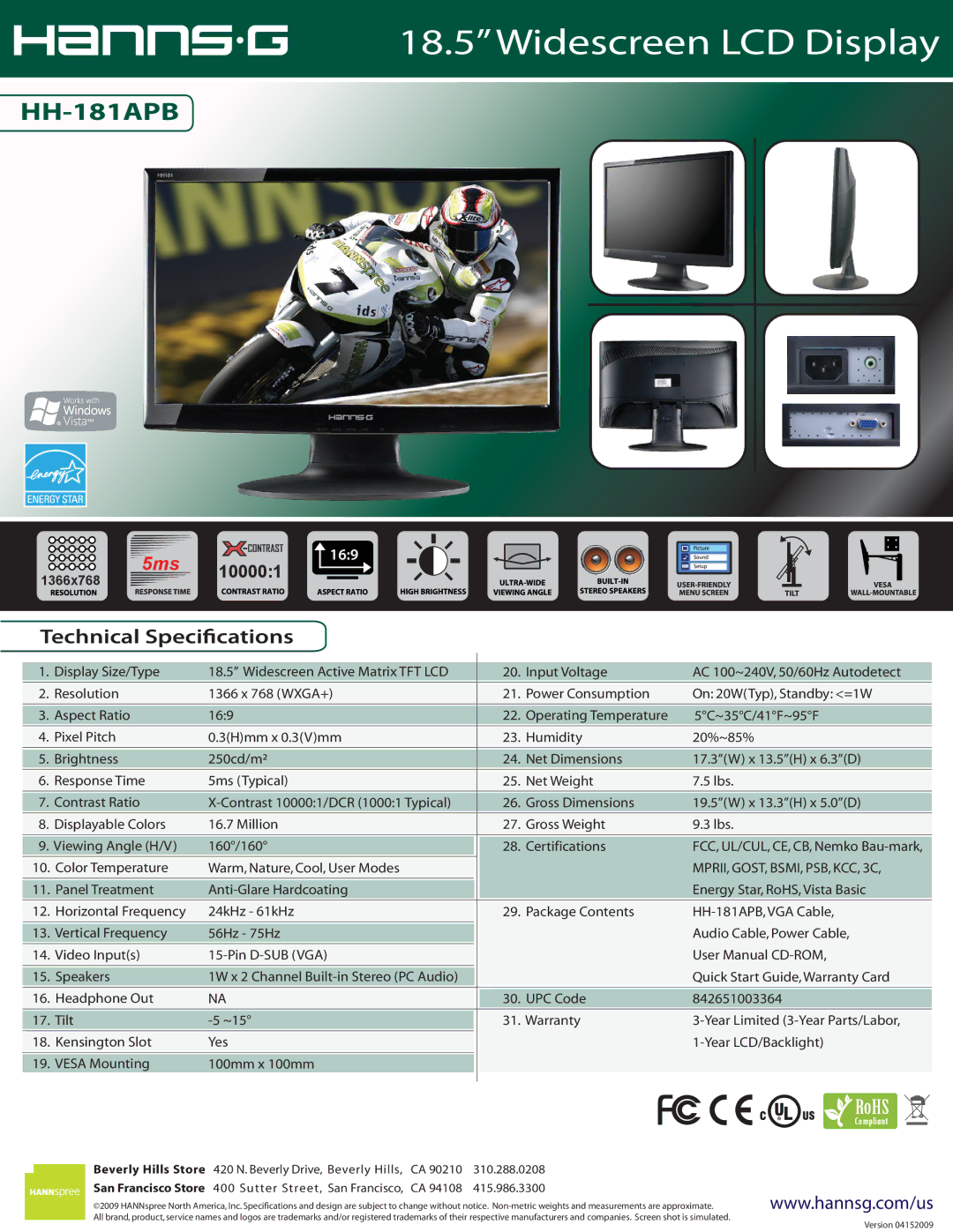 Hanns.G HH-181APB technical specifications Widescreen LCD Display, Technical Speciﬁcations, RoHS 