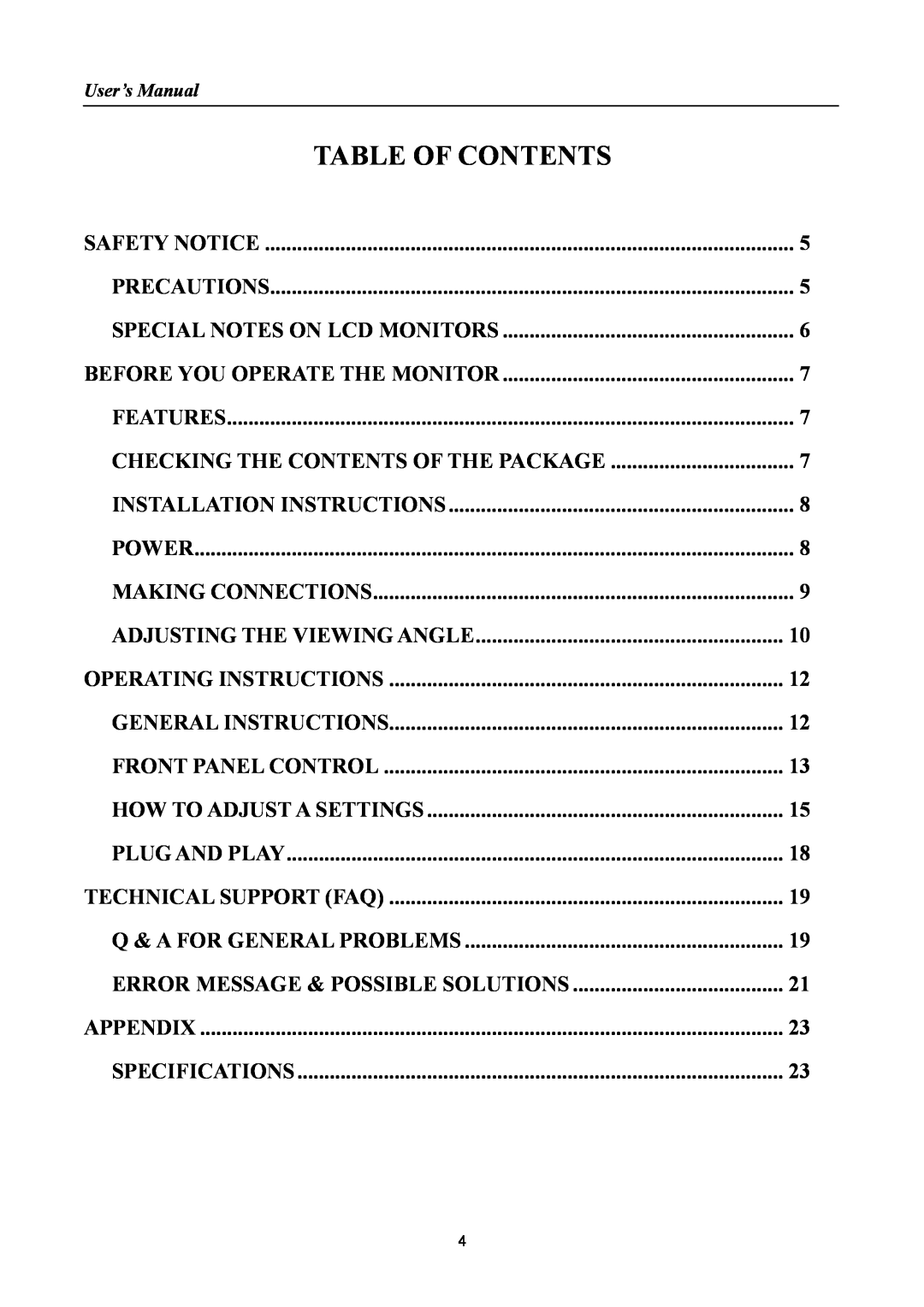 Hanns.G HH221 manual Table Of Contents, Error Message & Possible Solutions 