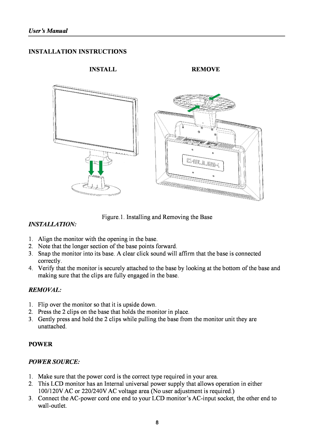Hanns.G HH221 manual User’s Manual, Installation Instructions Installremove, Removal, Power Source 
