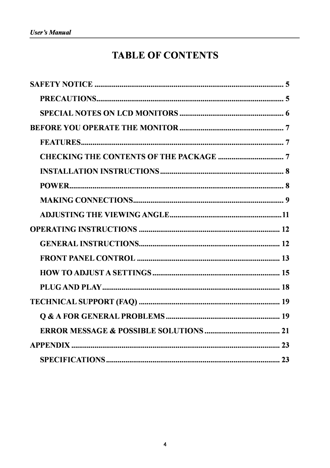 Hanns.G HH241, HSG1078 manual Table Of Contents, Error Message & Possible Solutions 