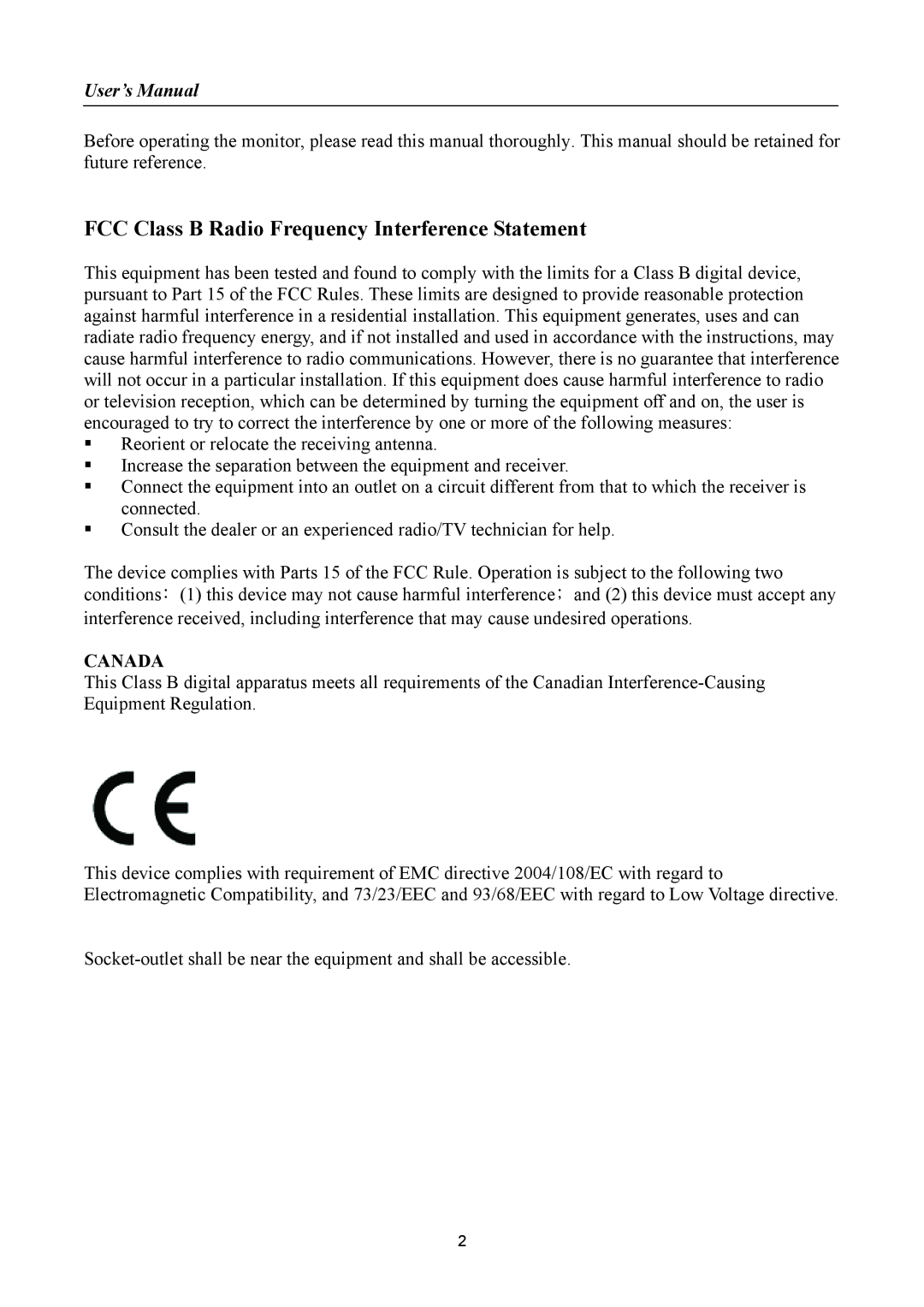 Hanns.G HH251 manual FCC Class B Radio Frequency Interference Statement, User’s Manual, Canada 