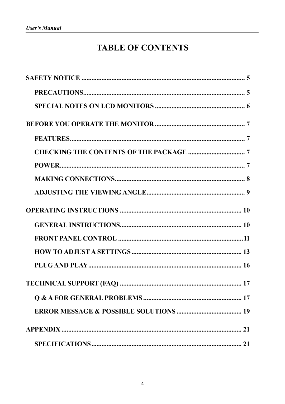 Hanns.G HH251 manual Table Of Contents, Error Message & Possible Solutions 