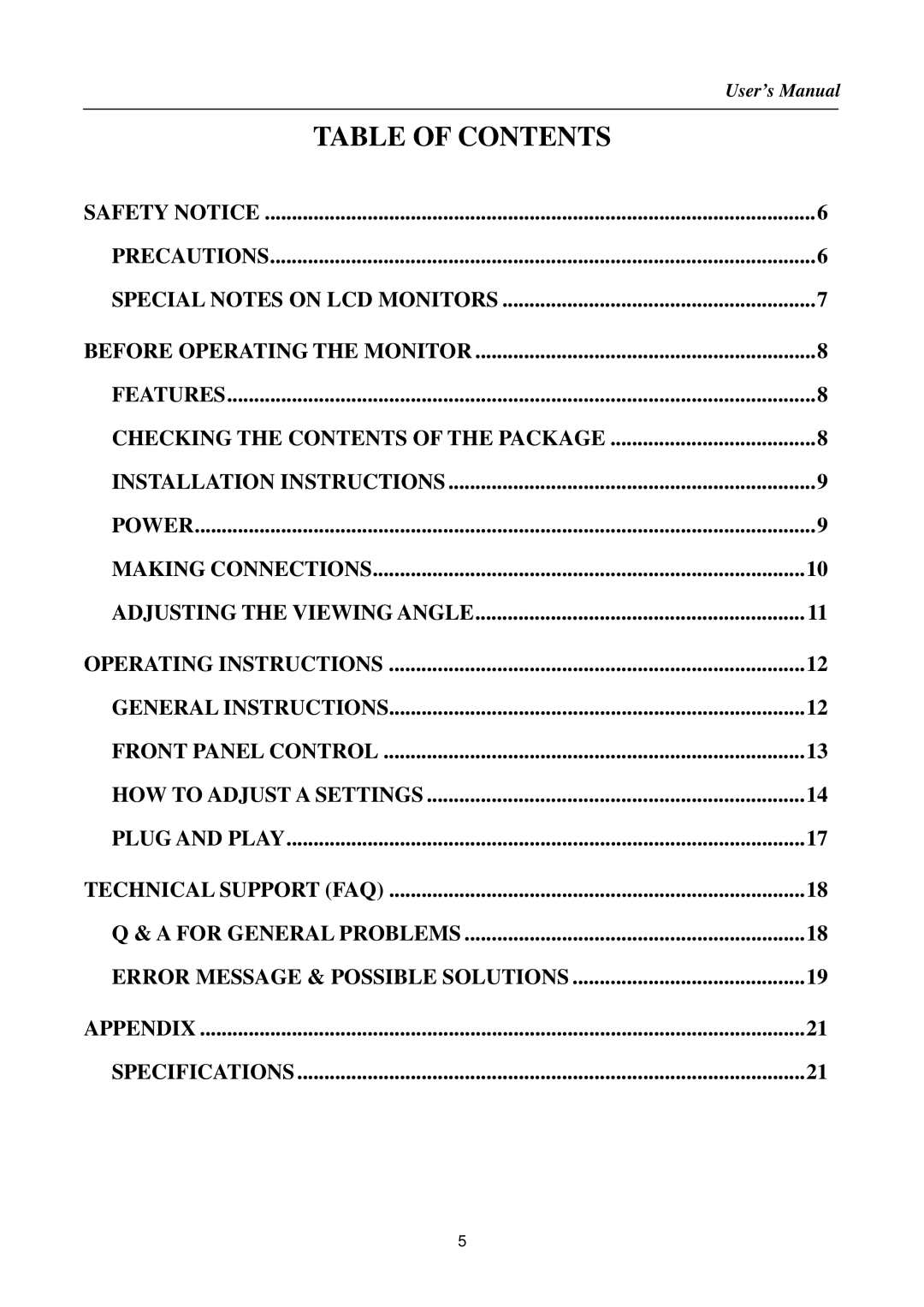 Hanns.G HI221 manual Table of Contents 