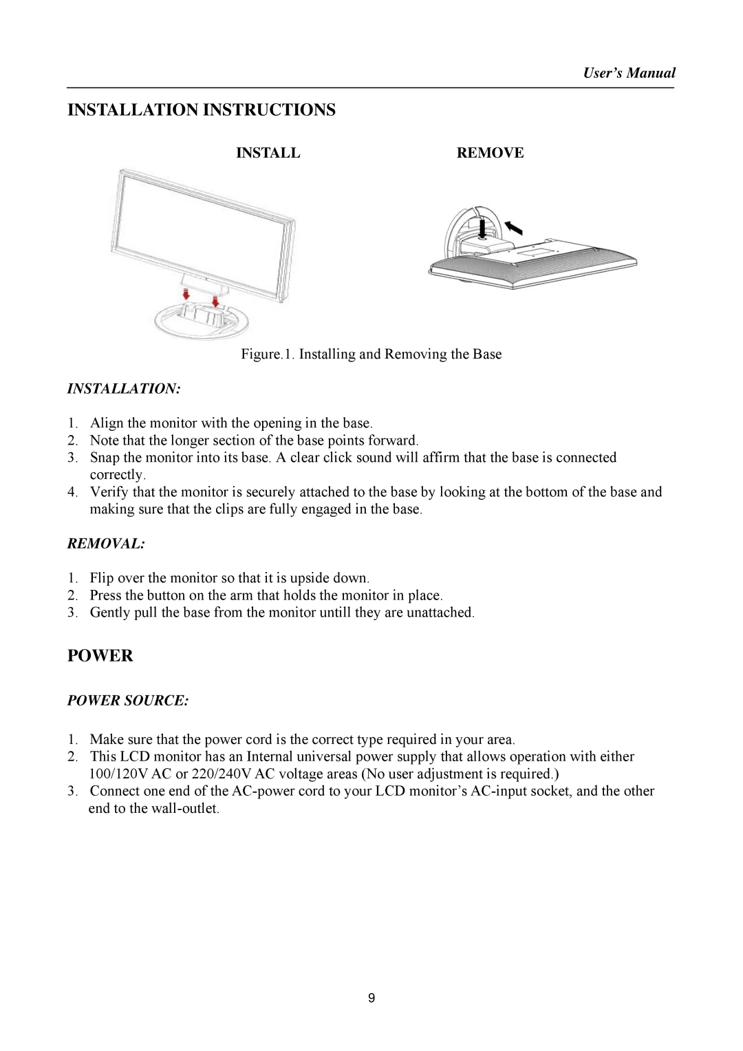 Hanns.G HI221 manual Installation Instructions, Power, Installremove 