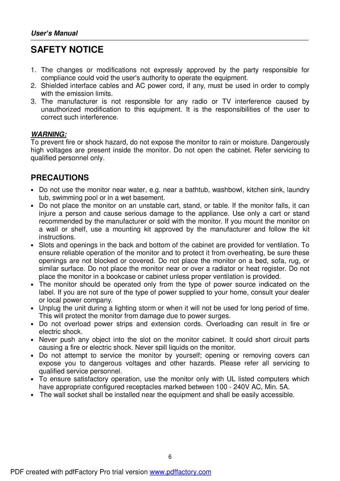 Hanns.G HI221 user manual Safety Notice, Precautions 