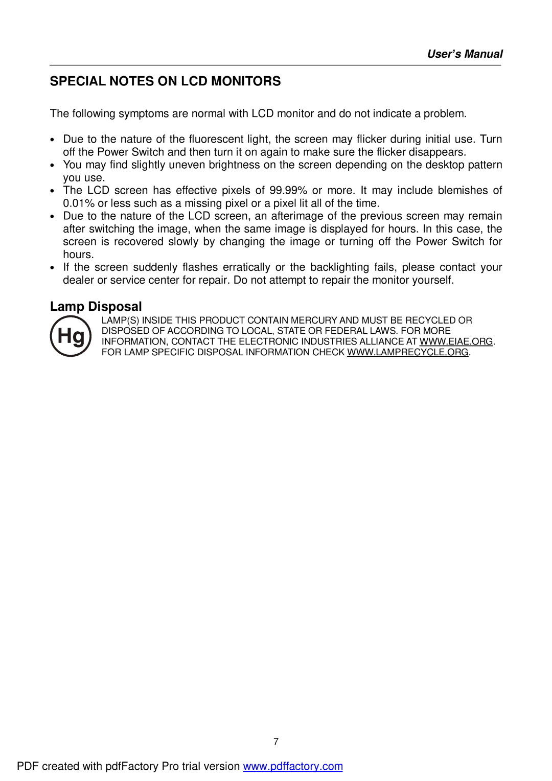 Hanns.G HI221 user manual Special Notes on LCD Monitors 