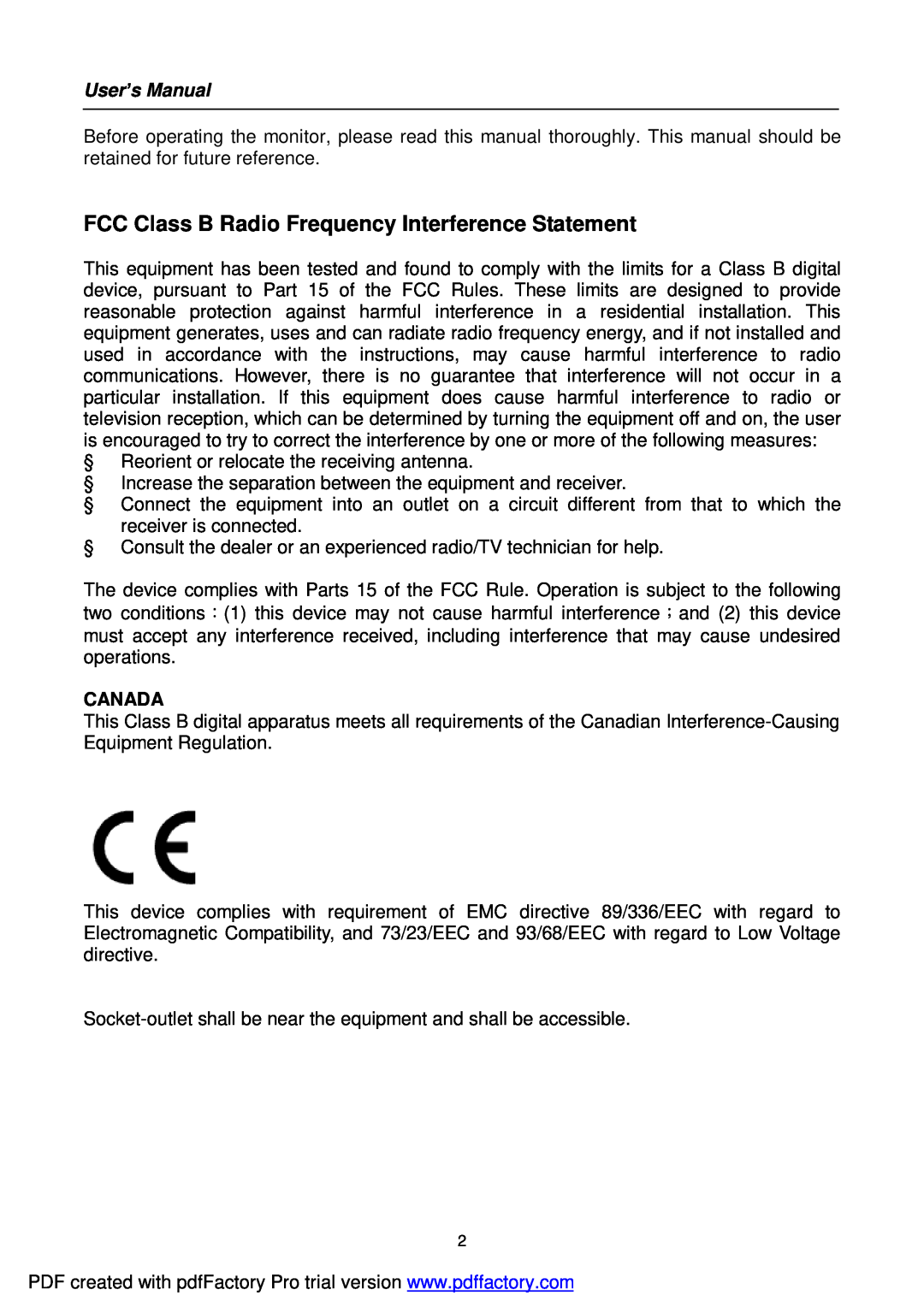 Hanns.G HI221 user manual FCC Class B Radio Frequency Interference Statement, Canada, User’s Manual 
