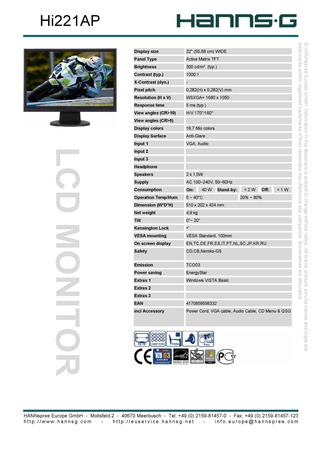 Hanns.G Hi221AP manual LCD Monitor, Are simulated, Names and logos are 