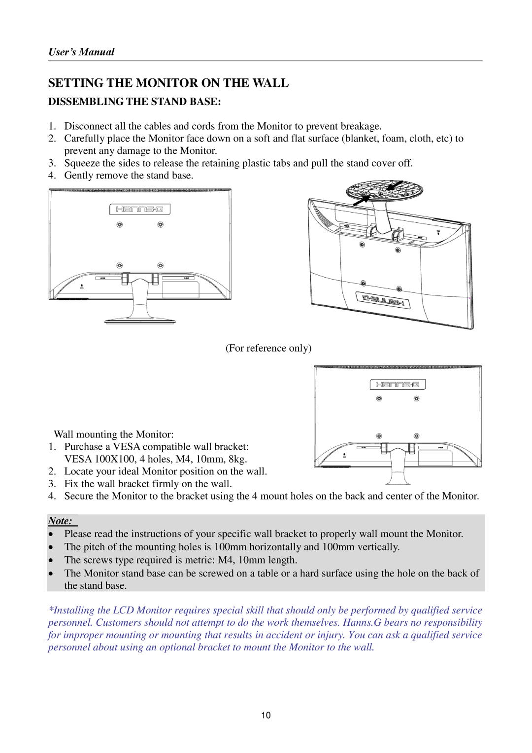 Hanns.G HL195, HSG1145 manual Setting the Monitor on the Wall, Dissembling the Stand Base 