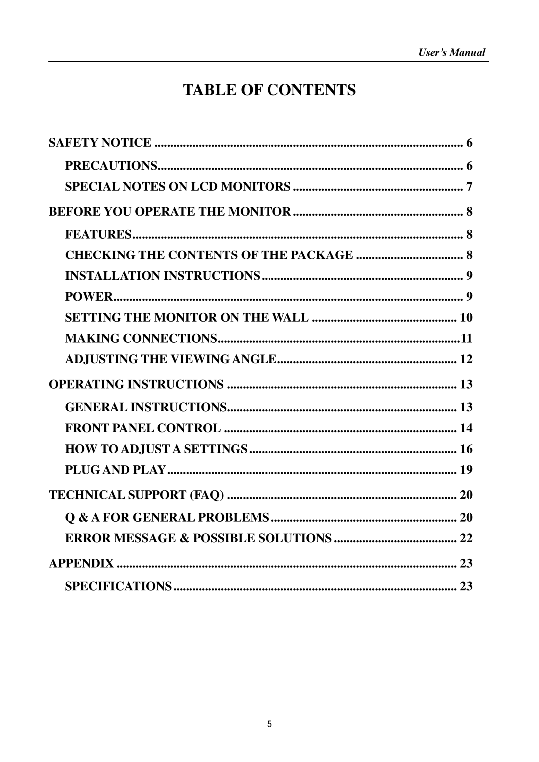 Hanns.G HSG1145, HL195 manual Table of Contents 