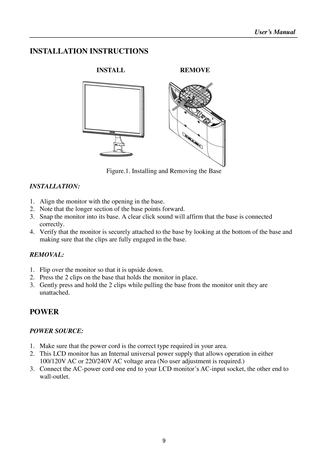 Hanns.G HSG1145, HL195 manual Installation Instructions, Power, Installremove 